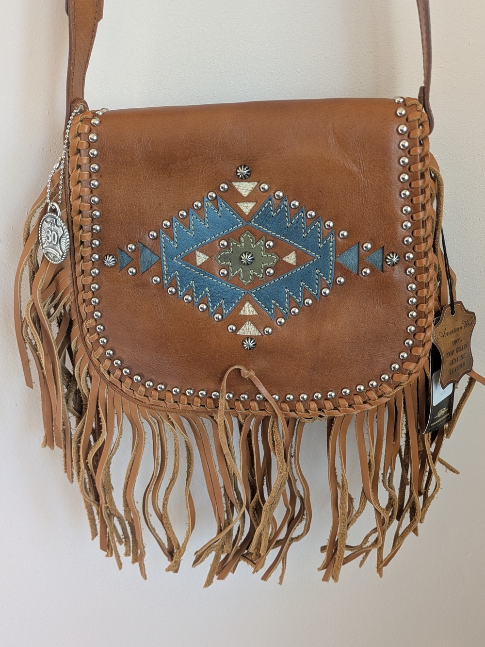 American West Pueblo Tan Leather Fringe Crossbody with Turquoise and Silver